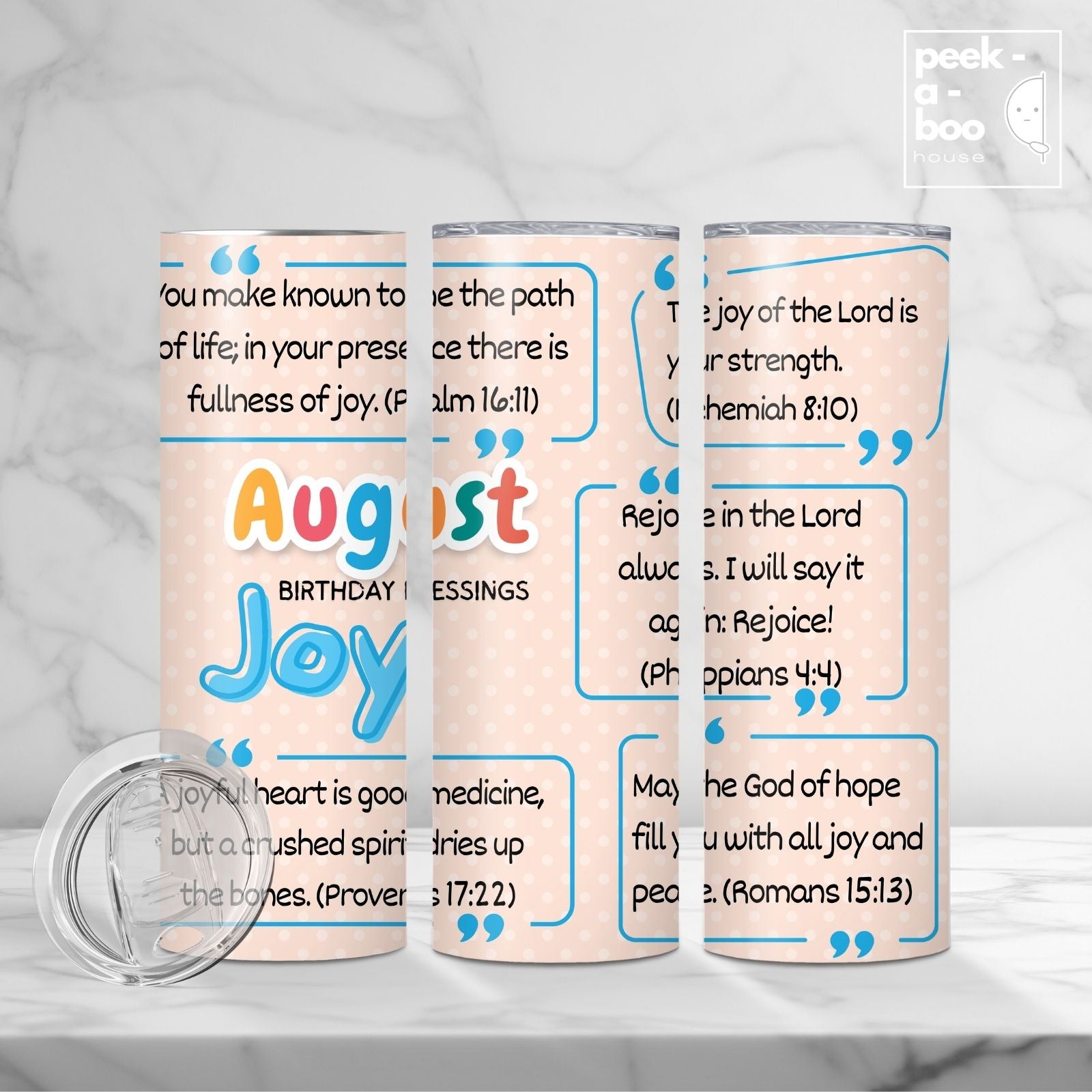 Christian Faith Tumbler - August Birthday - Joy